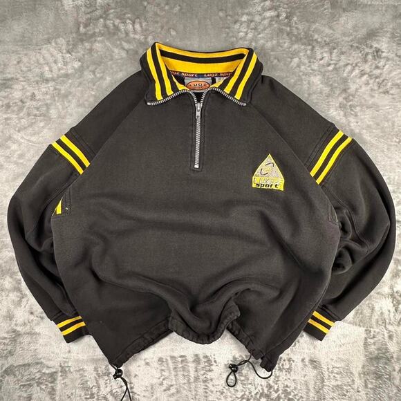 Vintage 90’s Lugz Sports Black Embroidered Fleece Quarter Zip Pullover Sweater L - Picture 1 of 8